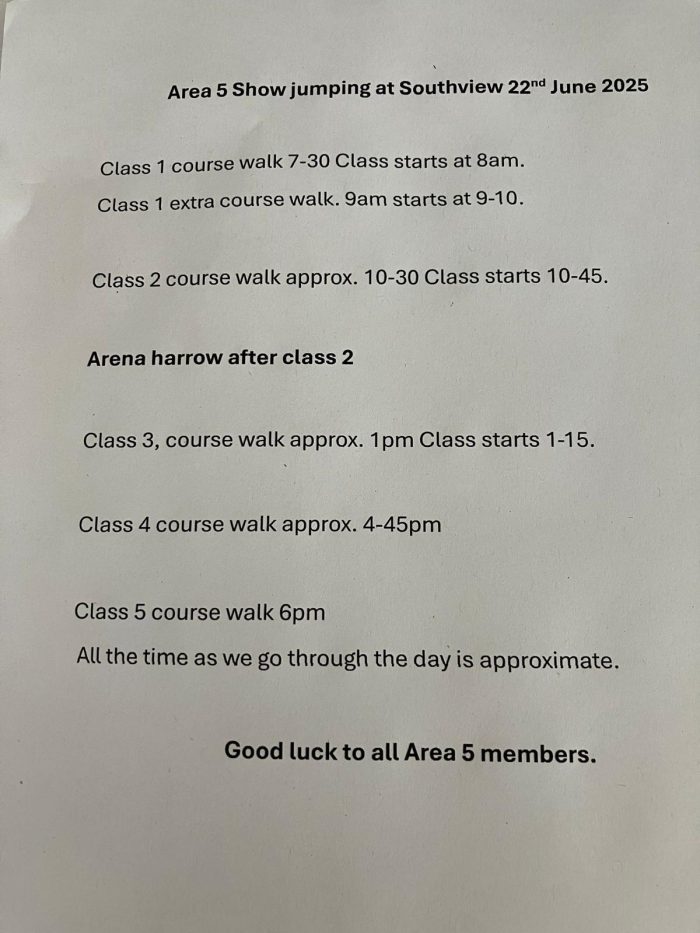 Area 5 Show Jumping Times at Southview 22/06/25